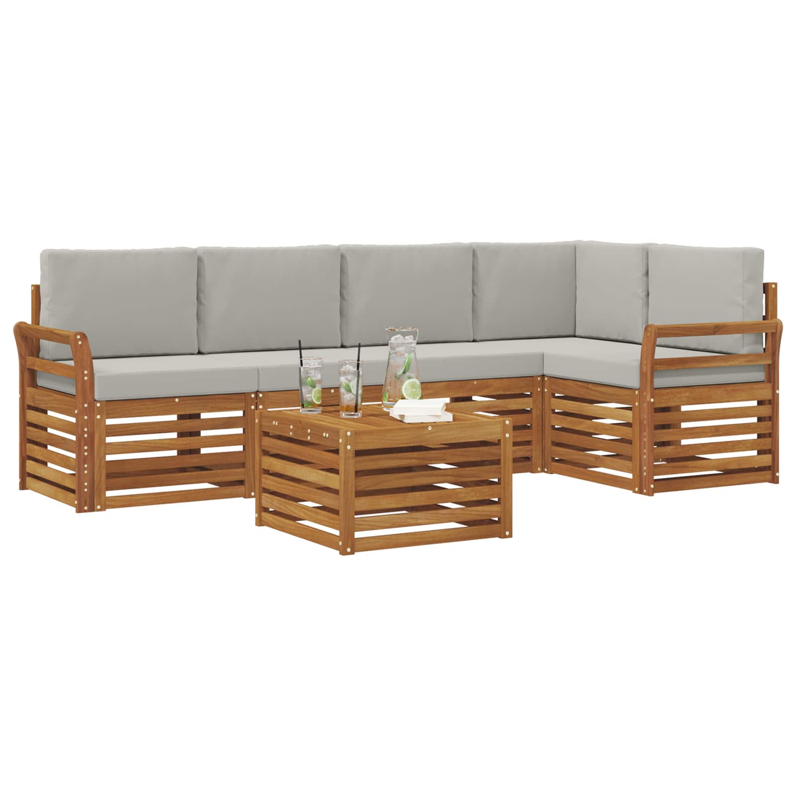 Ecksofa Set 6 pcs Natürlich und Hellgrau Massivholz Akazie