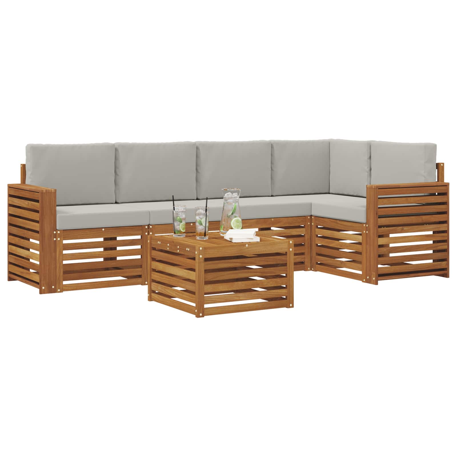 Ecksofa Set 6 pcs Natürlich und Hellgrau Massivholz Akazie