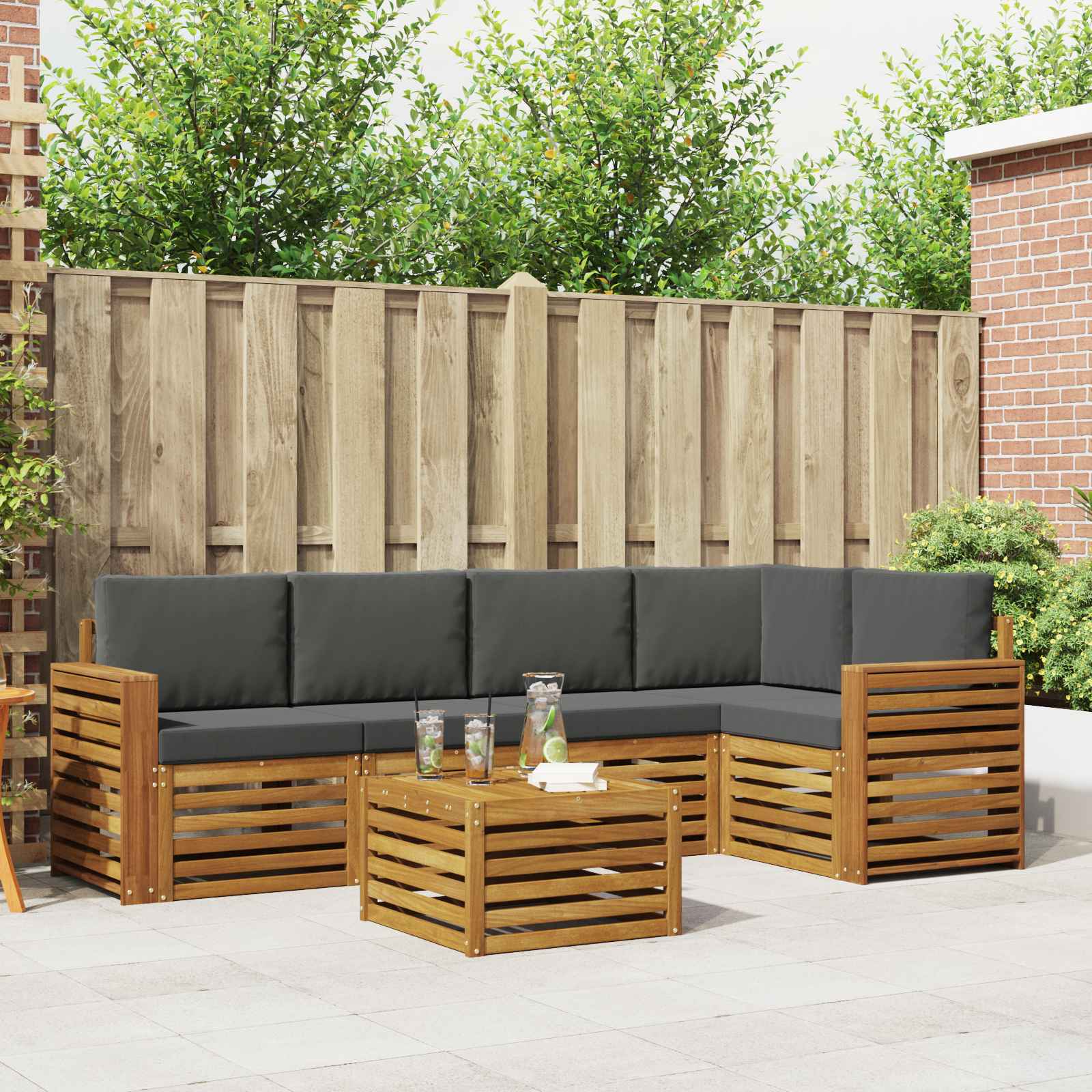 Ecksofa Set 6 pcs Natur und Anthrazit Massivholz Akazie