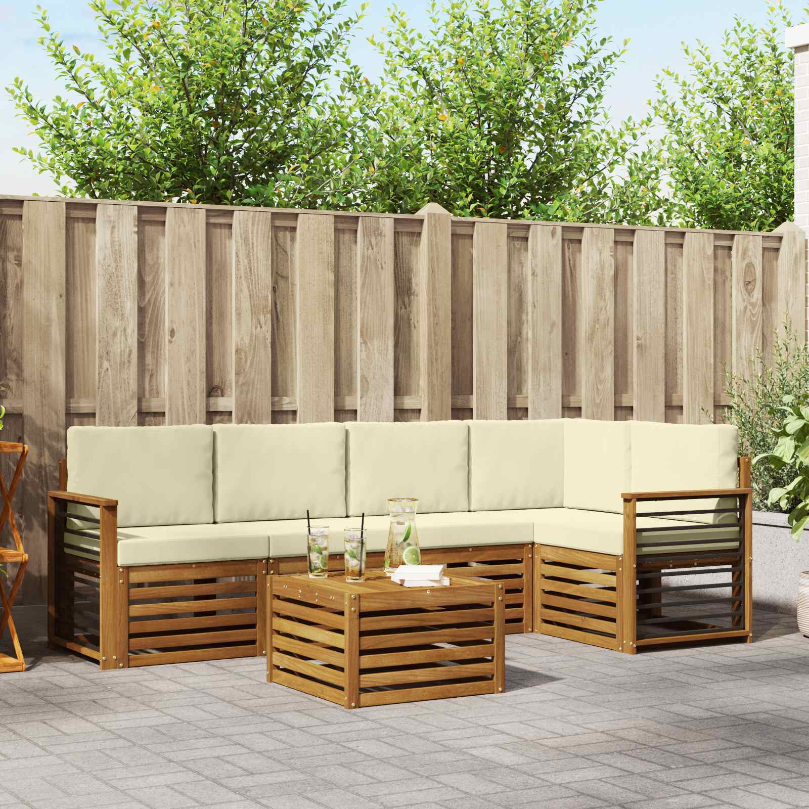 Ecksofa Set mit Kissen 6 pcs Natur und Creme Massivholz Akazie