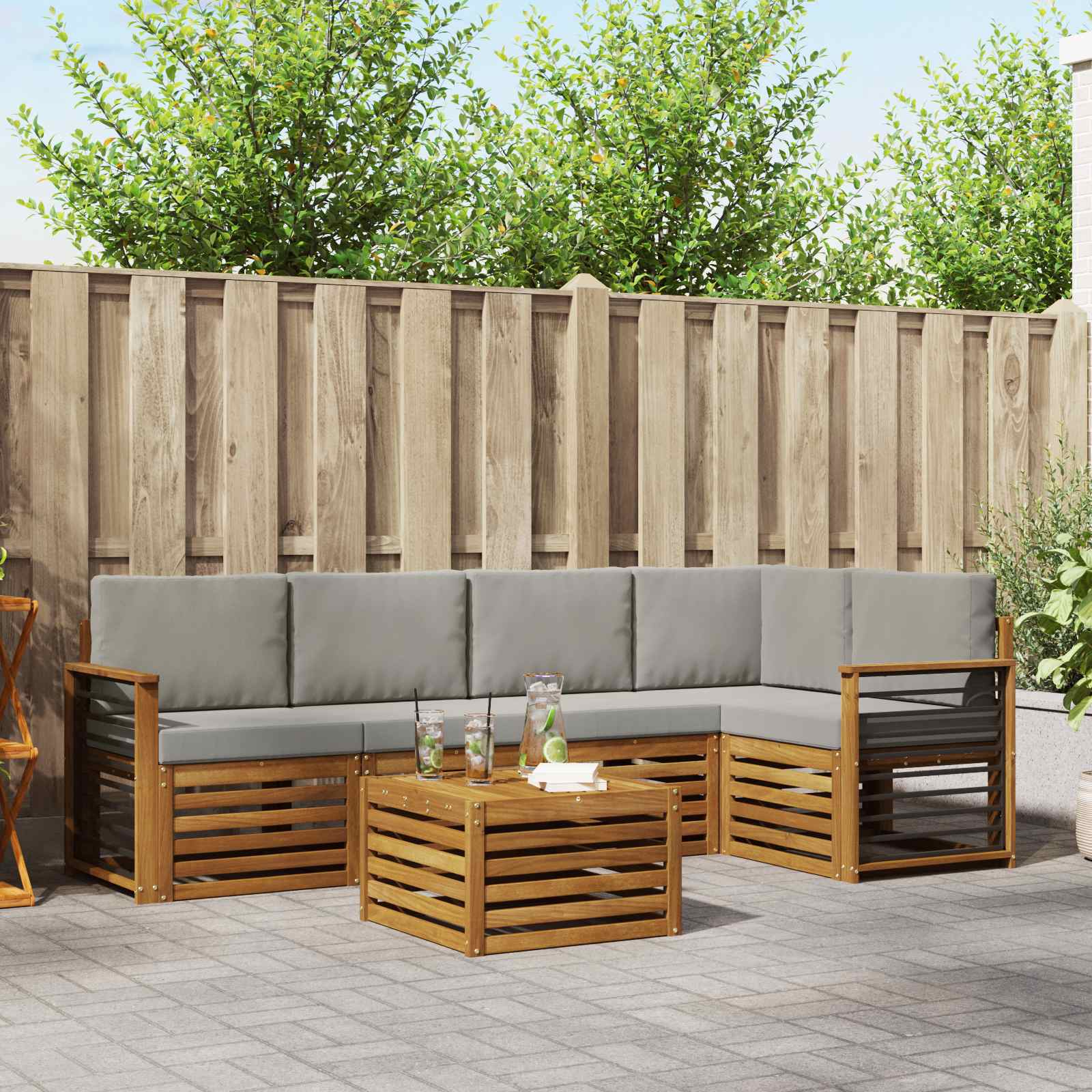 Ecksofa Set 6 pcs Natürlich und Hellgrau Massivholz Akazie
