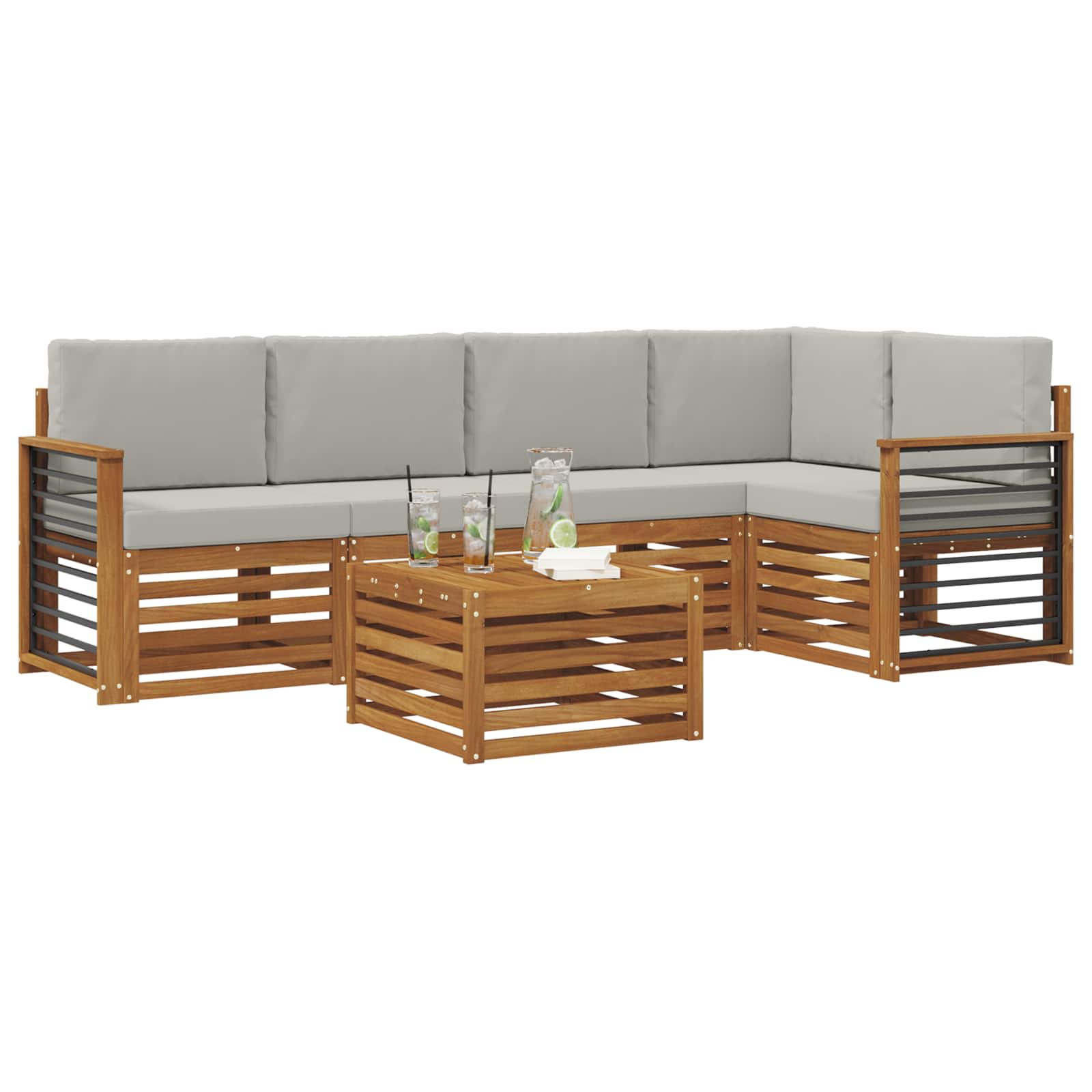 Ecksofa Set 6 pcs Natürlich und Hellgrau Massivholz Akazie