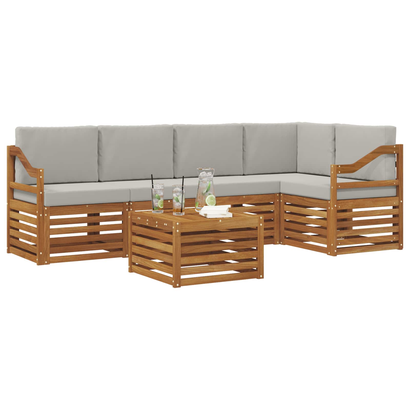 Ecksofa Set 6 pcs Natürlich und Hellgrau Massivholz Akazie