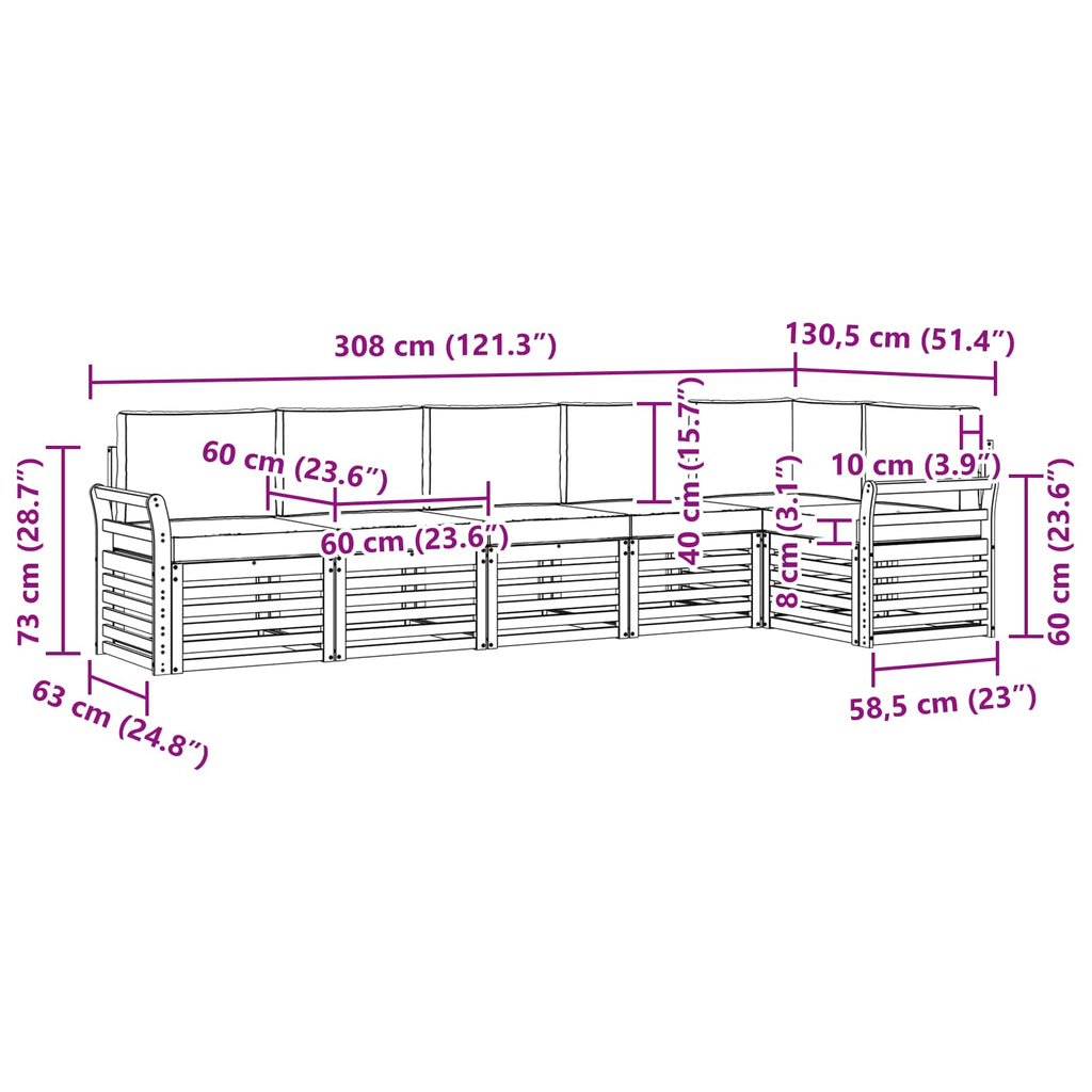 Ecksofa Set 6 pcs Natürlich und Hellgrau Massivholz Akazie