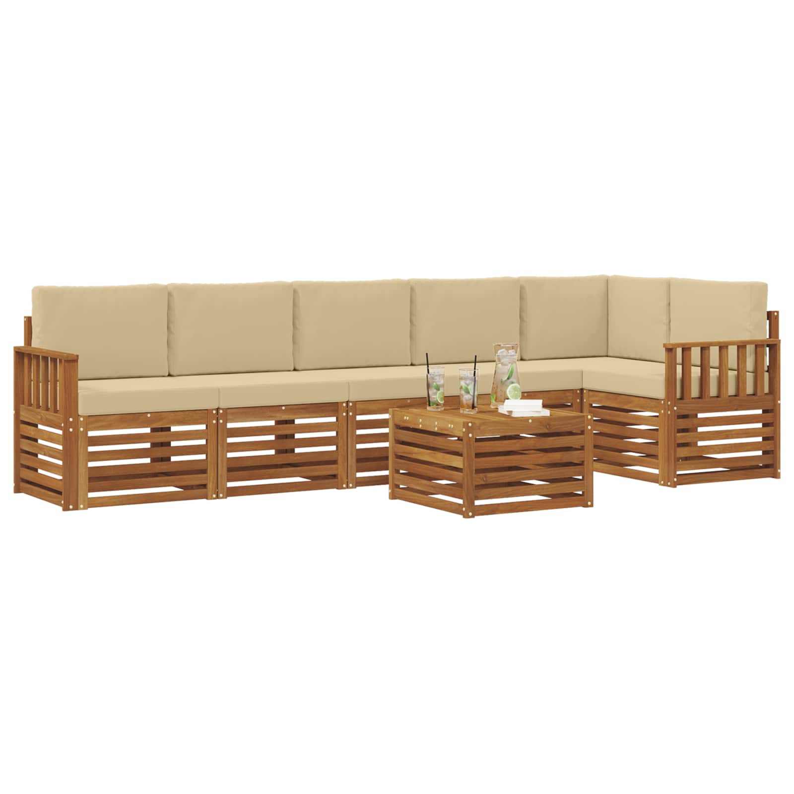 Ecksofa Set mit Kissen 7 pcs Natur und Beige Massivholz Akazie