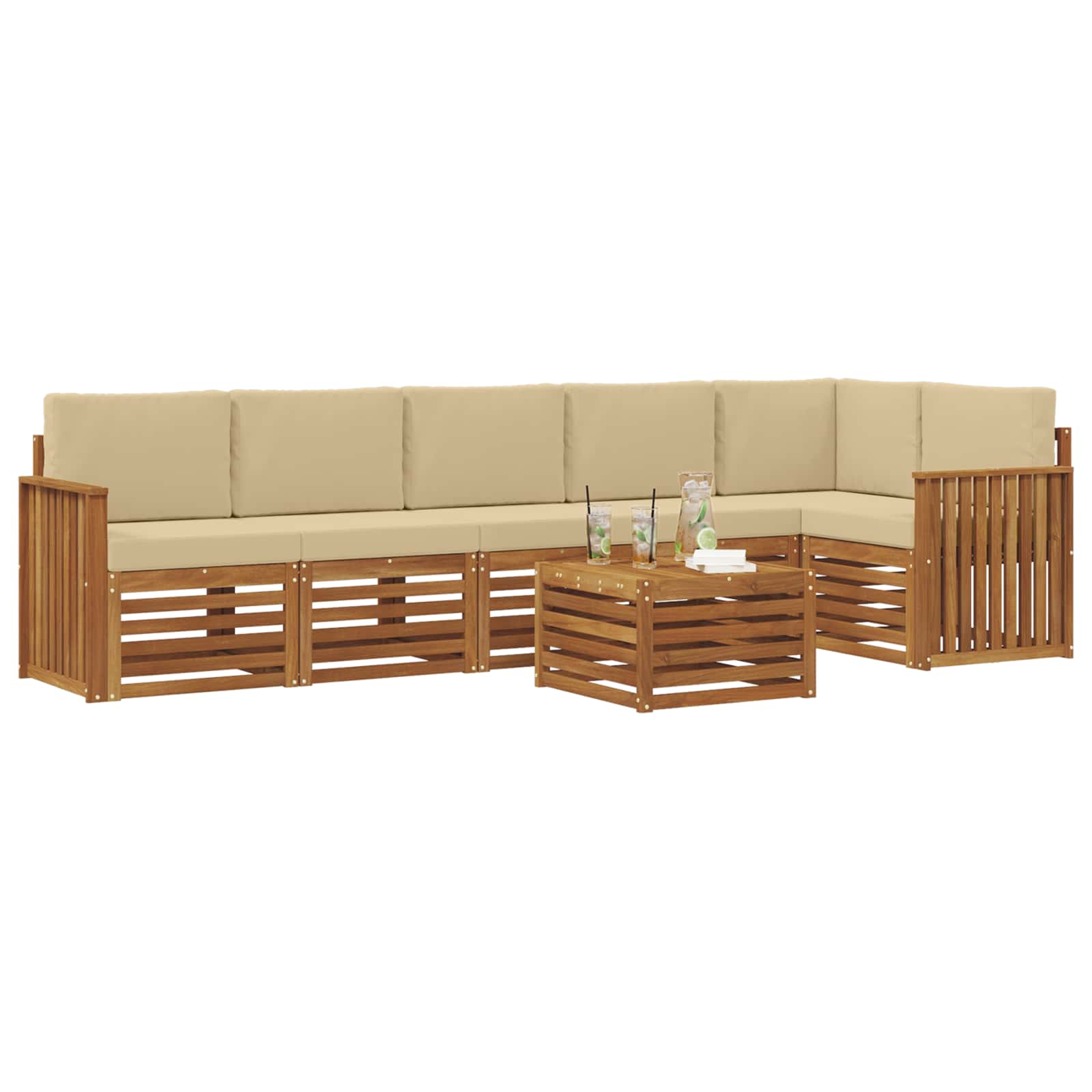 Ecksofa Set mit Kissen 7 pcs Natur und Beige Massivholz Akazie