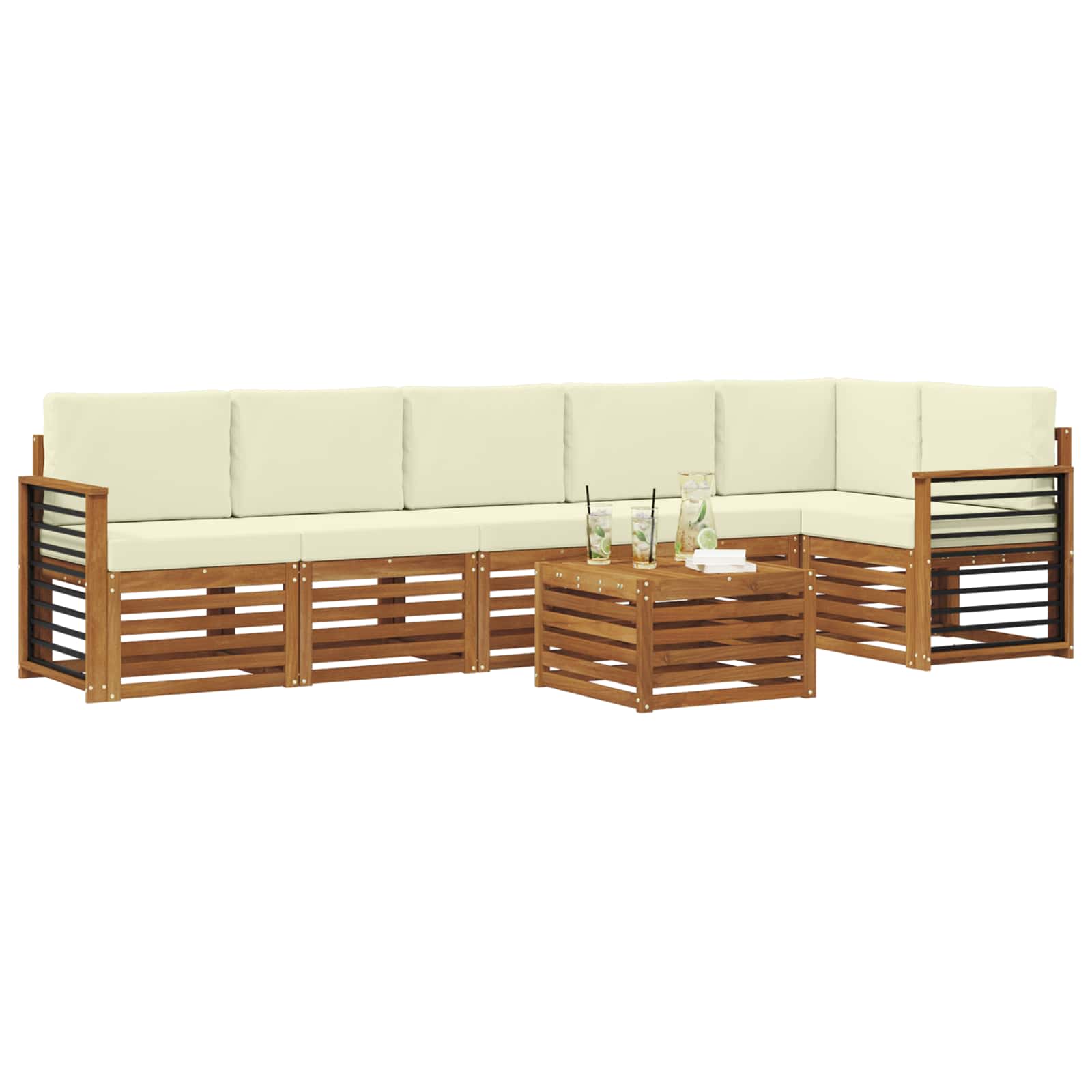 Ecksofa Set mit Kissen 7 pcs Natur und Creme Massivholz Akazie