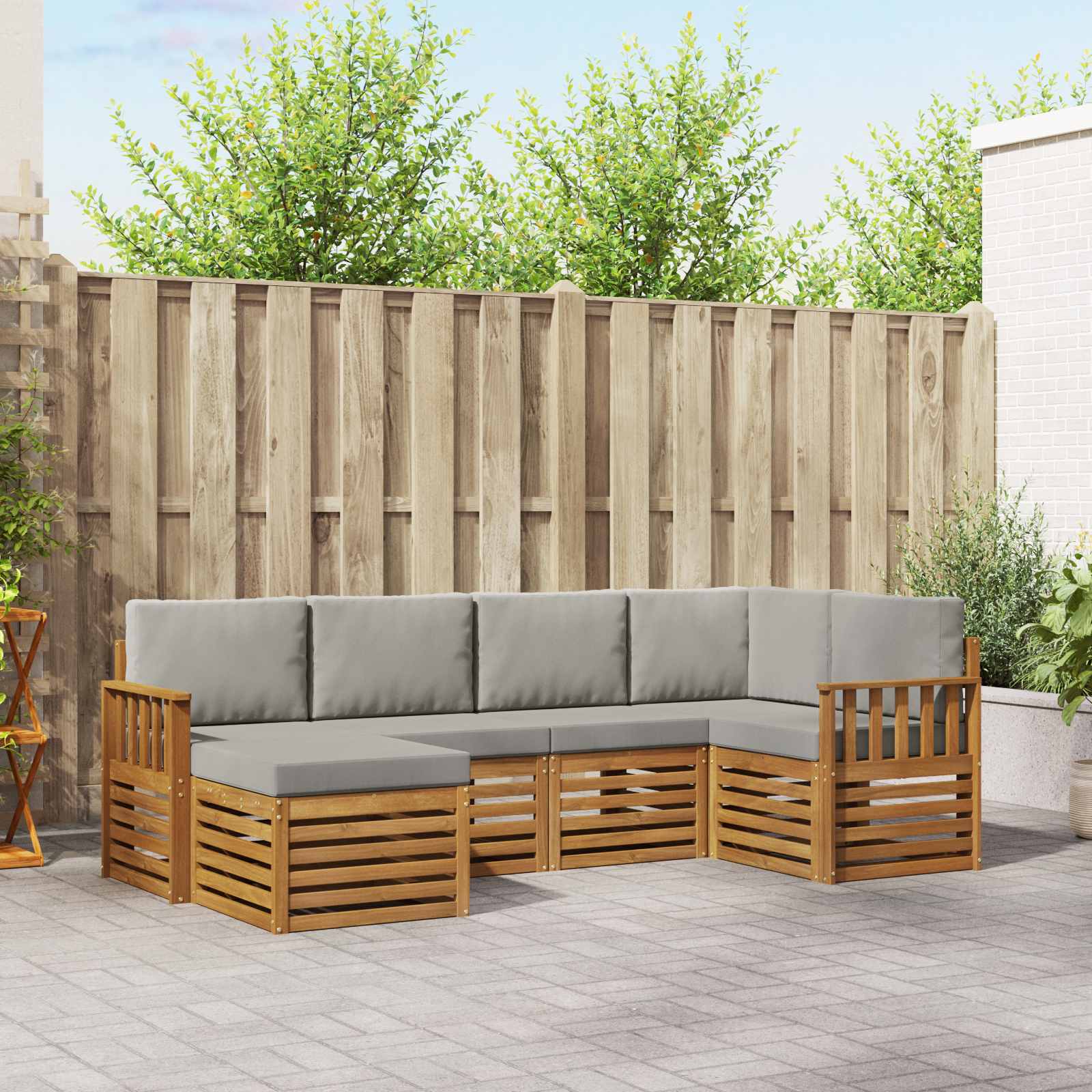 Ecksofa Set 6 pcs Natürlich und Hellgrau Massivholz Akazie