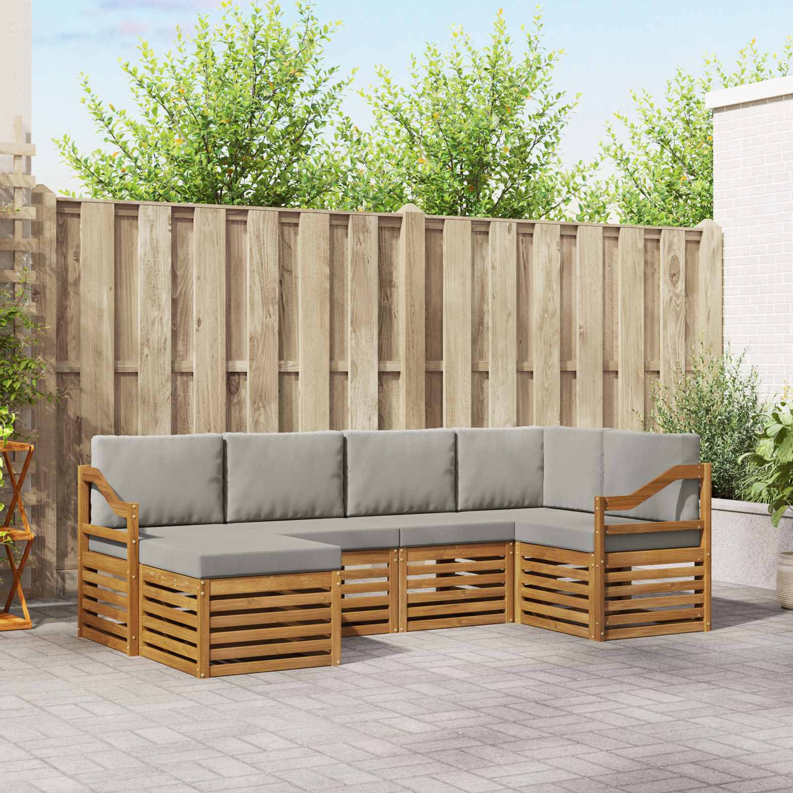 Ecksofa Set 6 pcs Natürlich und Hellgrau Massivholz Akazie