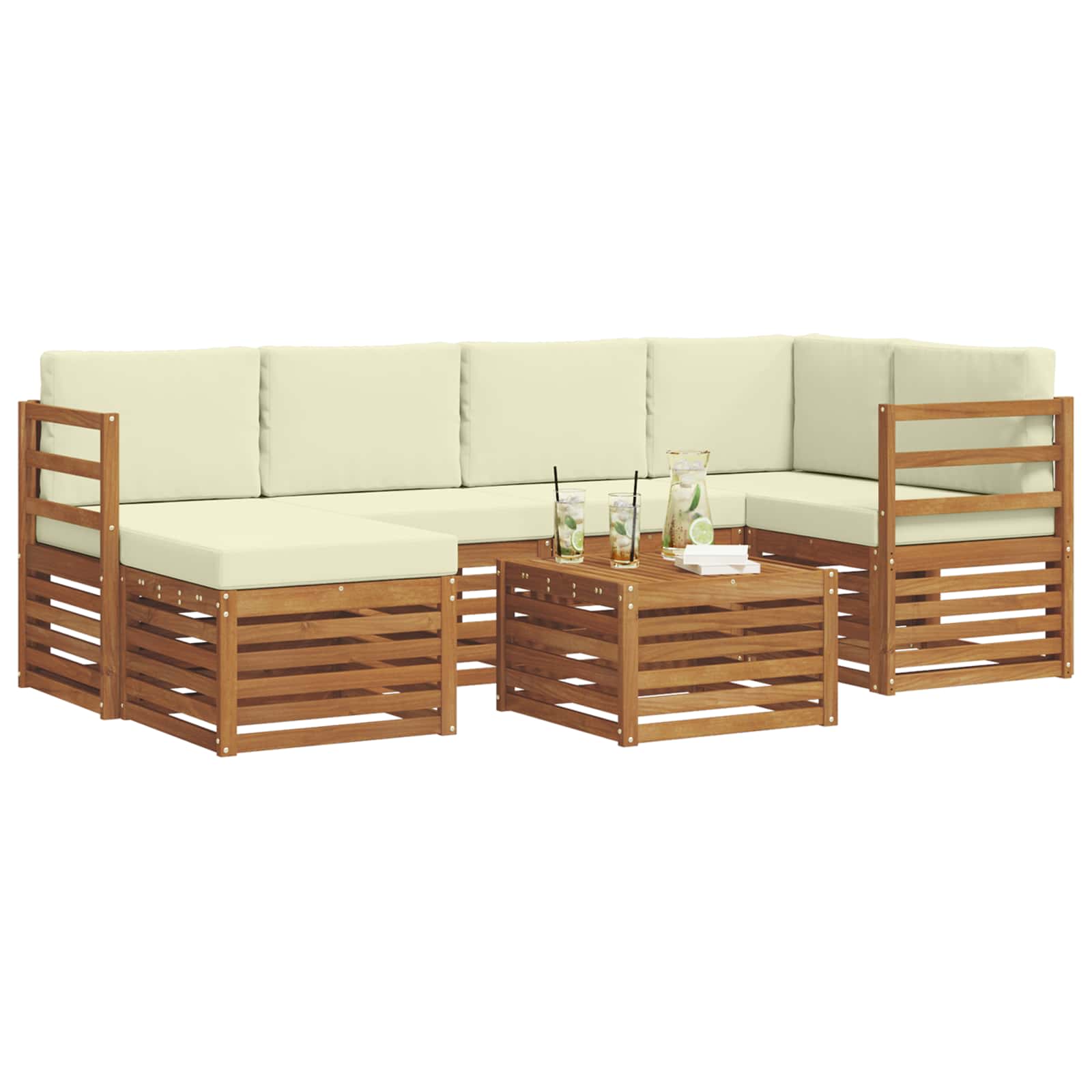 Ecksofa Set mit Kissen 7 pcs Natur und Creme Massivholz Akazie