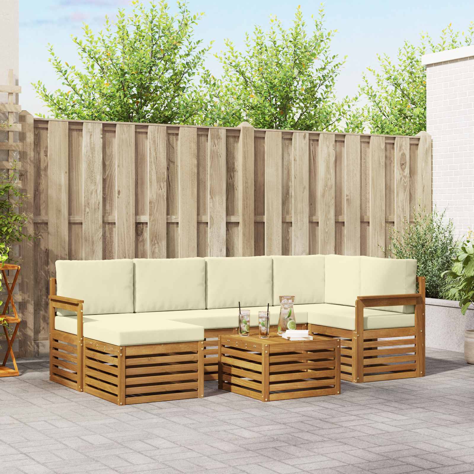 Ecksofa Set mit Kissen 7 pcs Natur und Creme Massivholz Akazie
