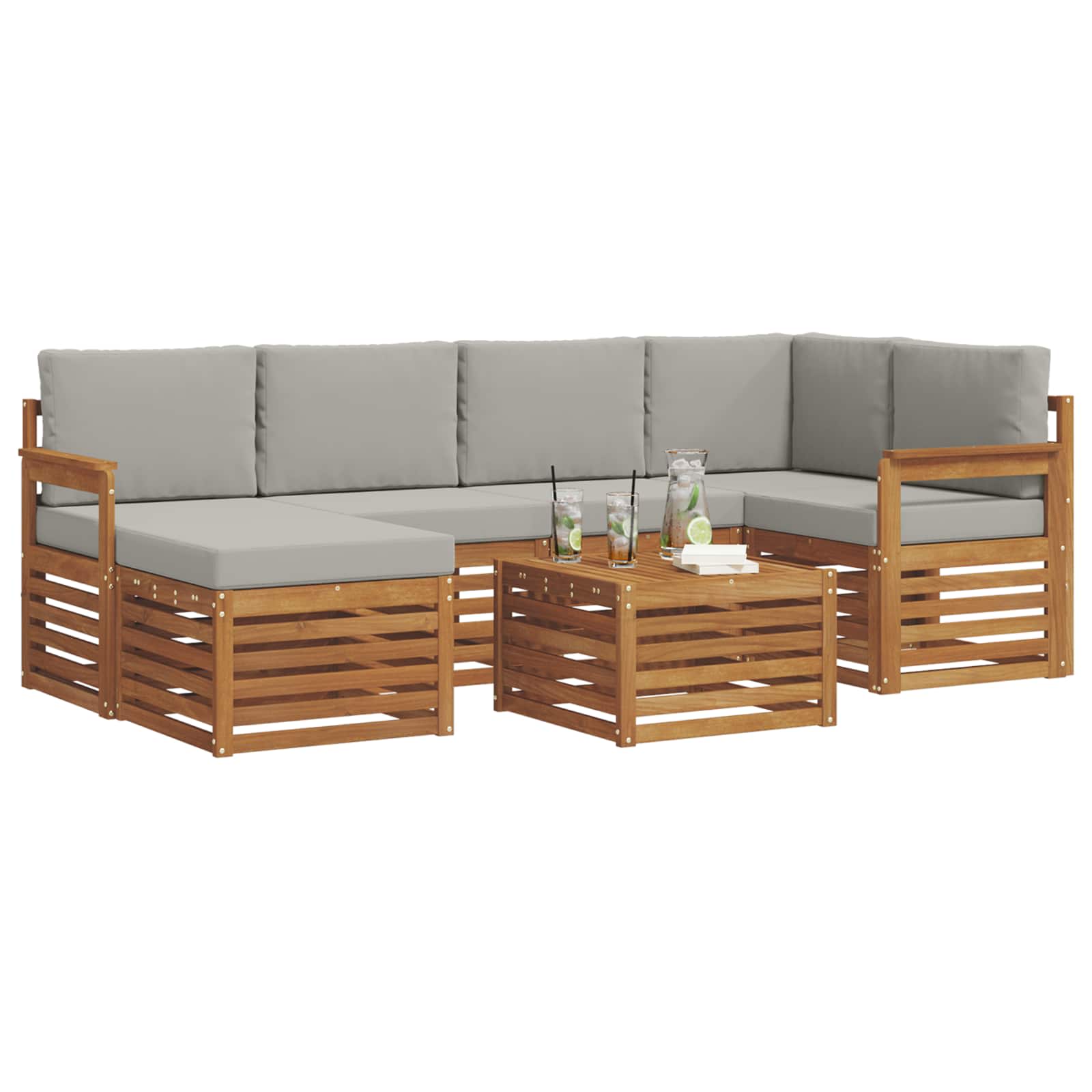Ecksofa Set 7 pcs Natürlich und Hellgrau Massivholz Akazie