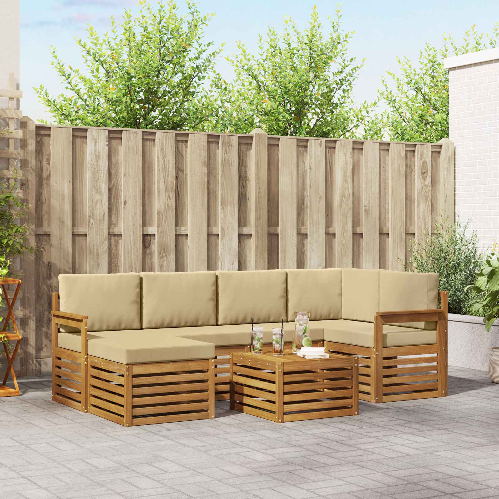 Ecksofa Set mit Kissen 7 pcs Natur und Beige Massivholz Akazie
