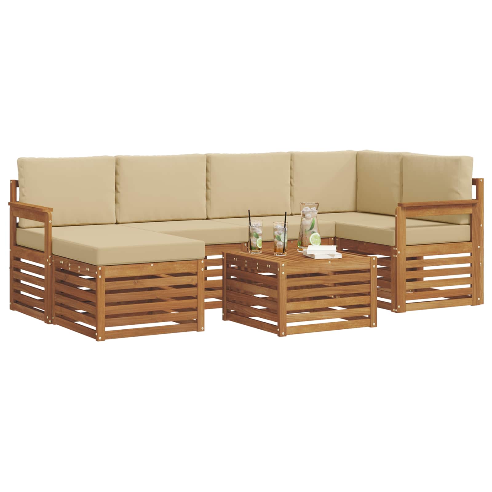 Ecksofa Set mit Kissen 7 pcs Natur und Beige Massivholz Akazie