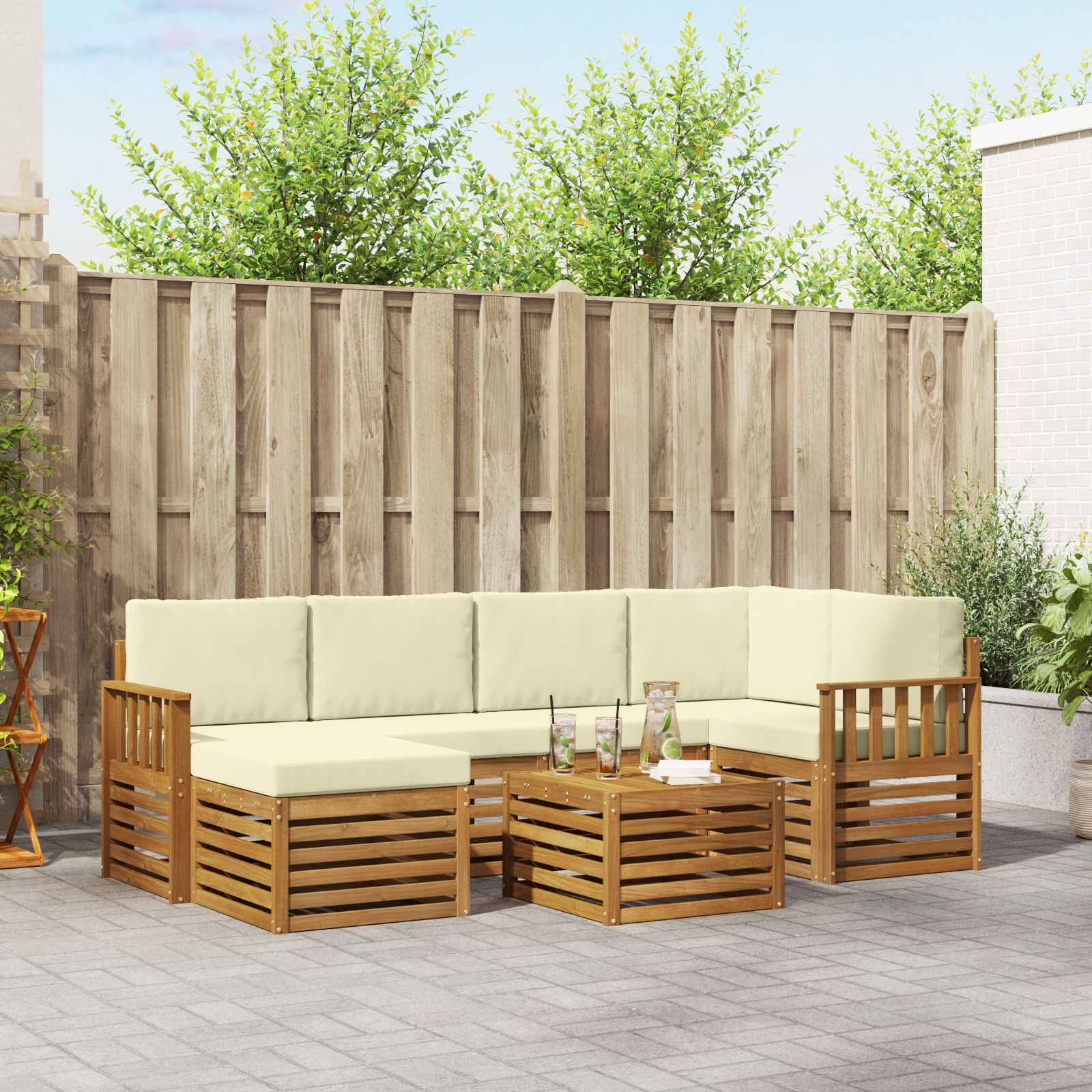 Ecksofa Set mit Kissen 7 pcs Natur und Creme Massivholz Akazie