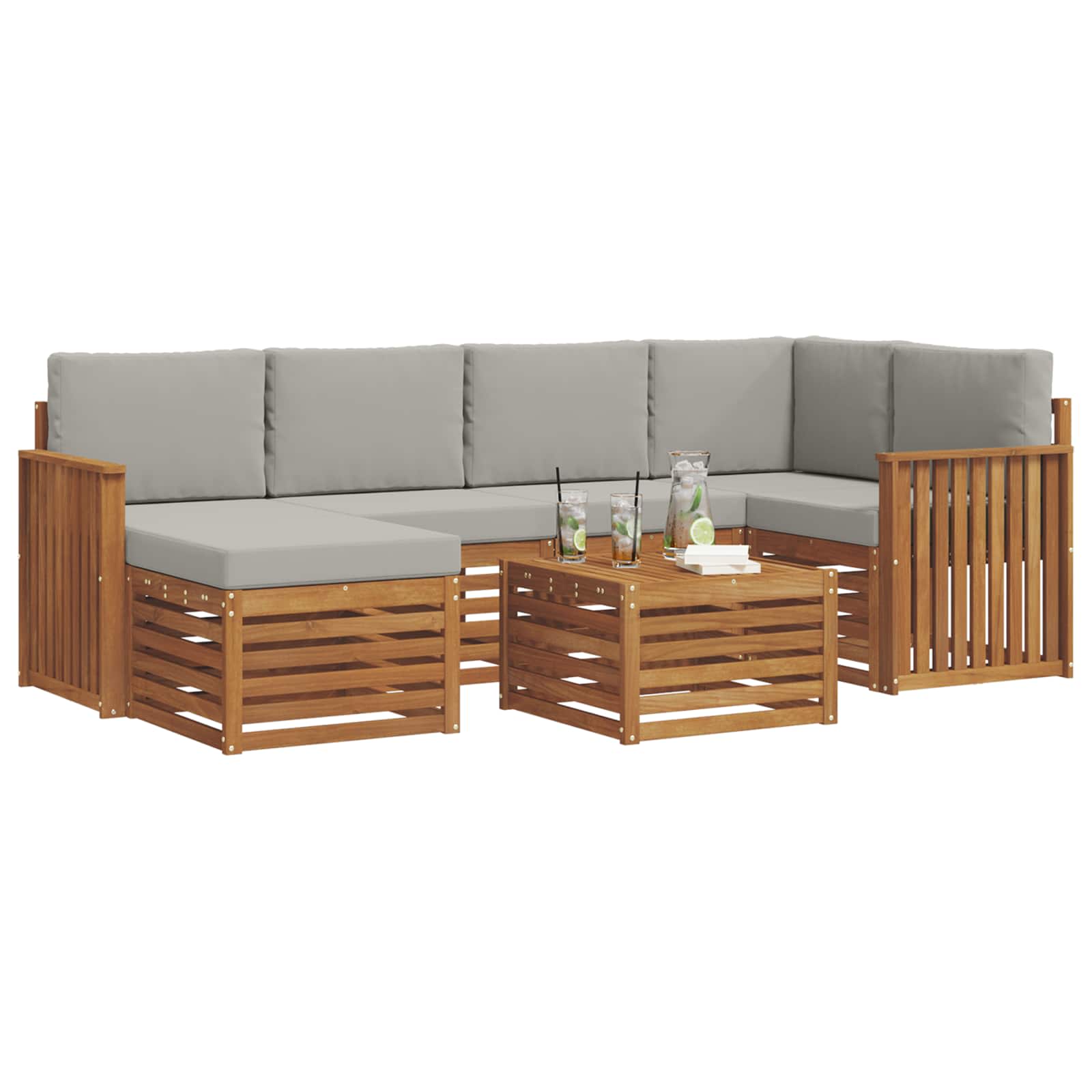 Ecksofa Set 7 pcs Natürlich und Hellgrau Massivholz Akazie
