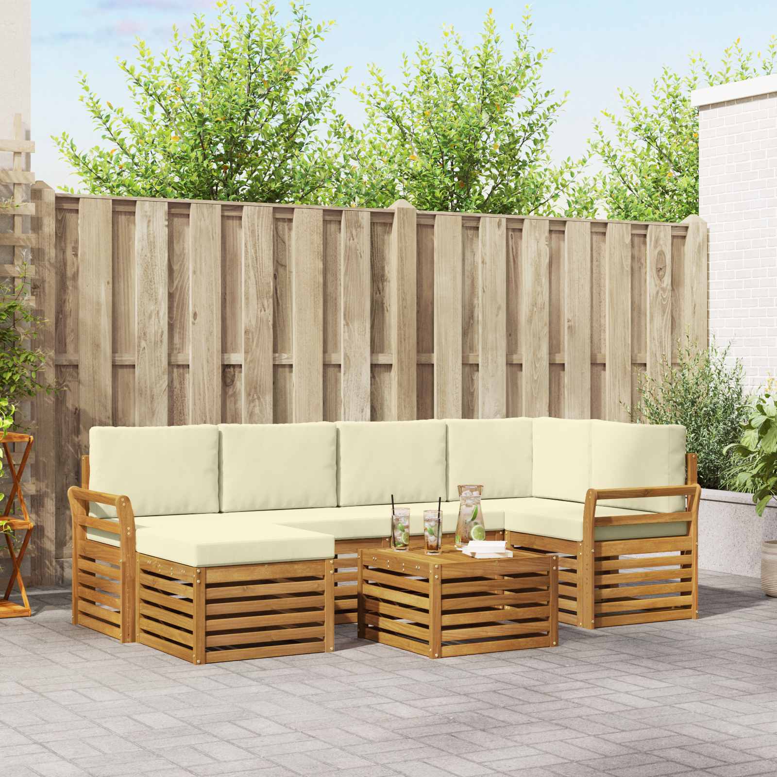 Ecksofa Set mit Kissen 7 pcs Natur und Creme Massivholz Akazie
