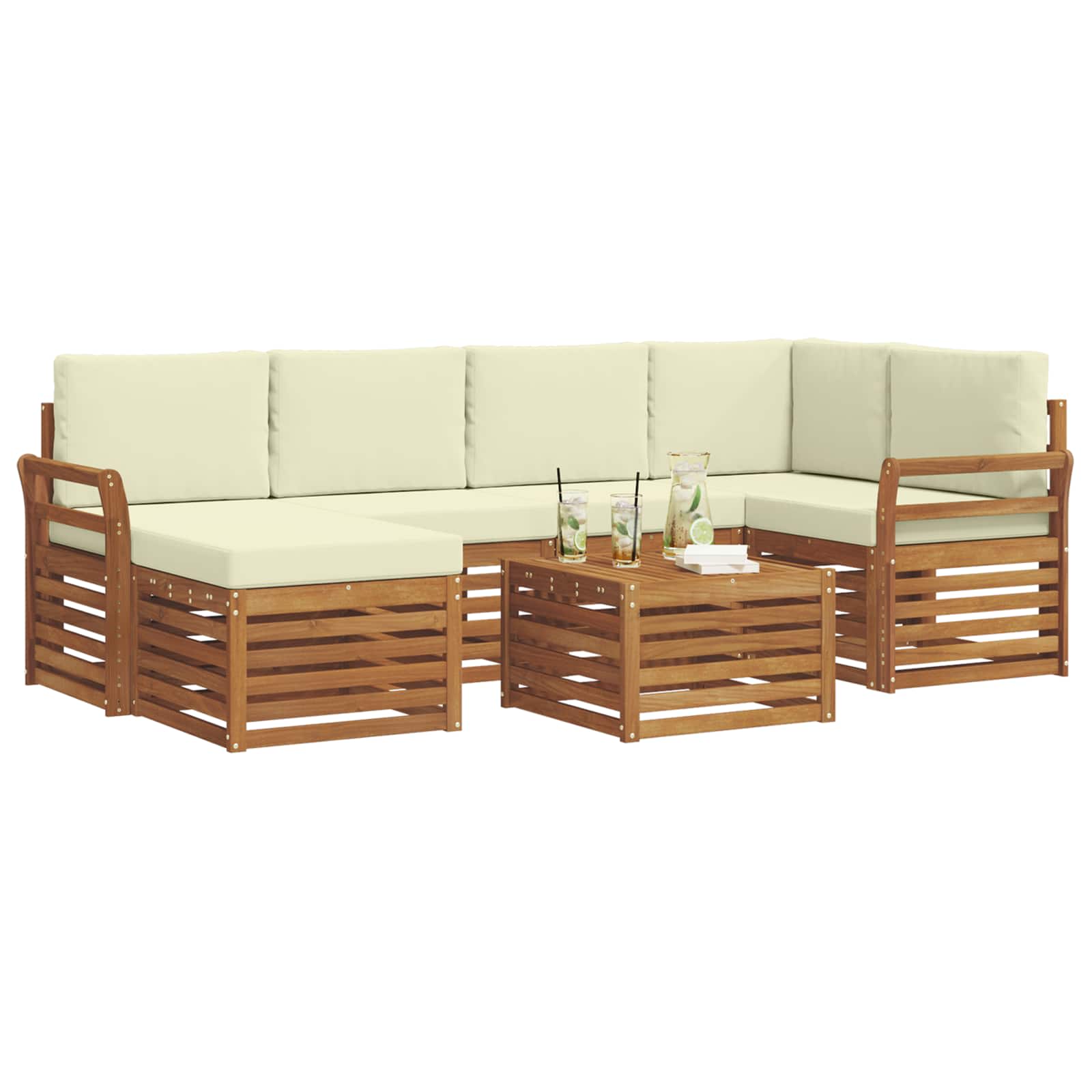 Ecksofa Set mit Kissen 7 pcs Natur und Creme Massivholz Akazie