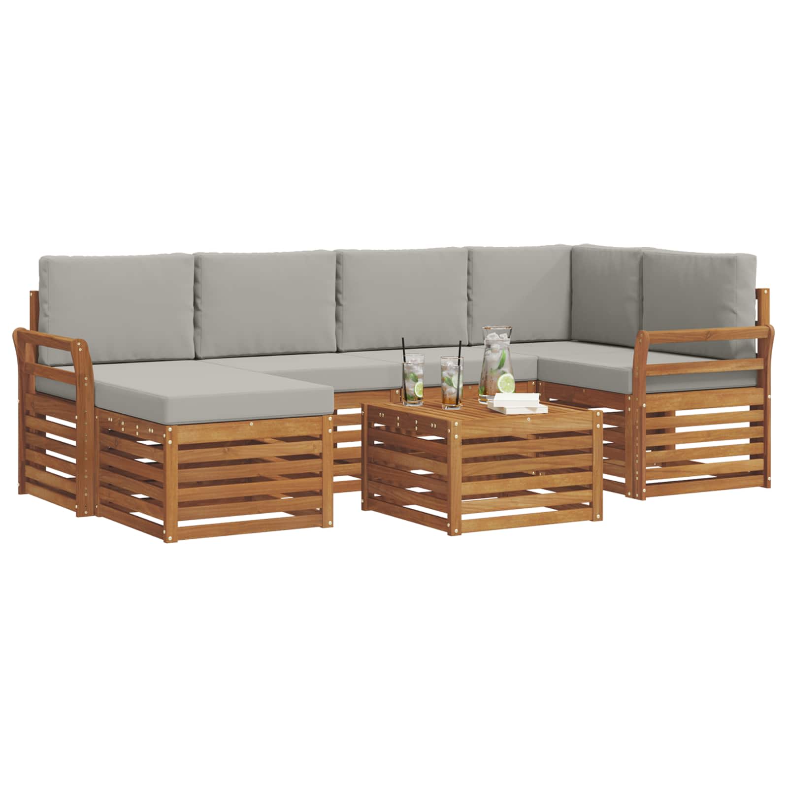 Ecksofa Set 7 pcs Natürlich und Hellgrau Massivholz Akazie