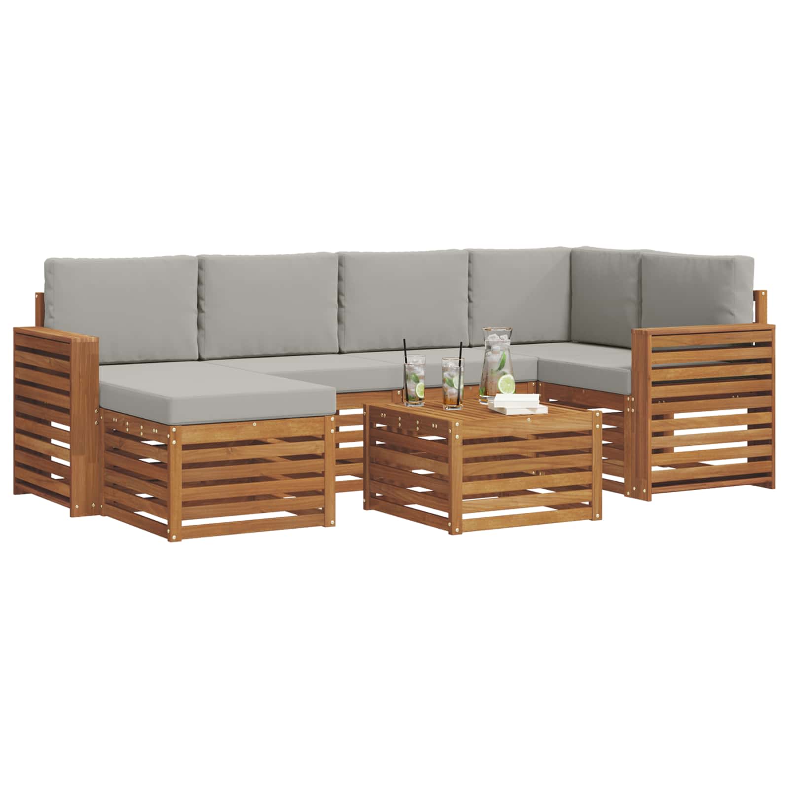 Ecksofa Set 7 pcs Natürlich und Hellgrau Massivholz Akazie