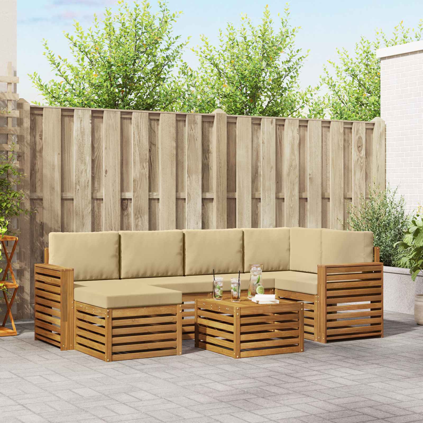 Ecksofa Set mit Kissen 7 pcs Natur und Beige Massivholz Akazie