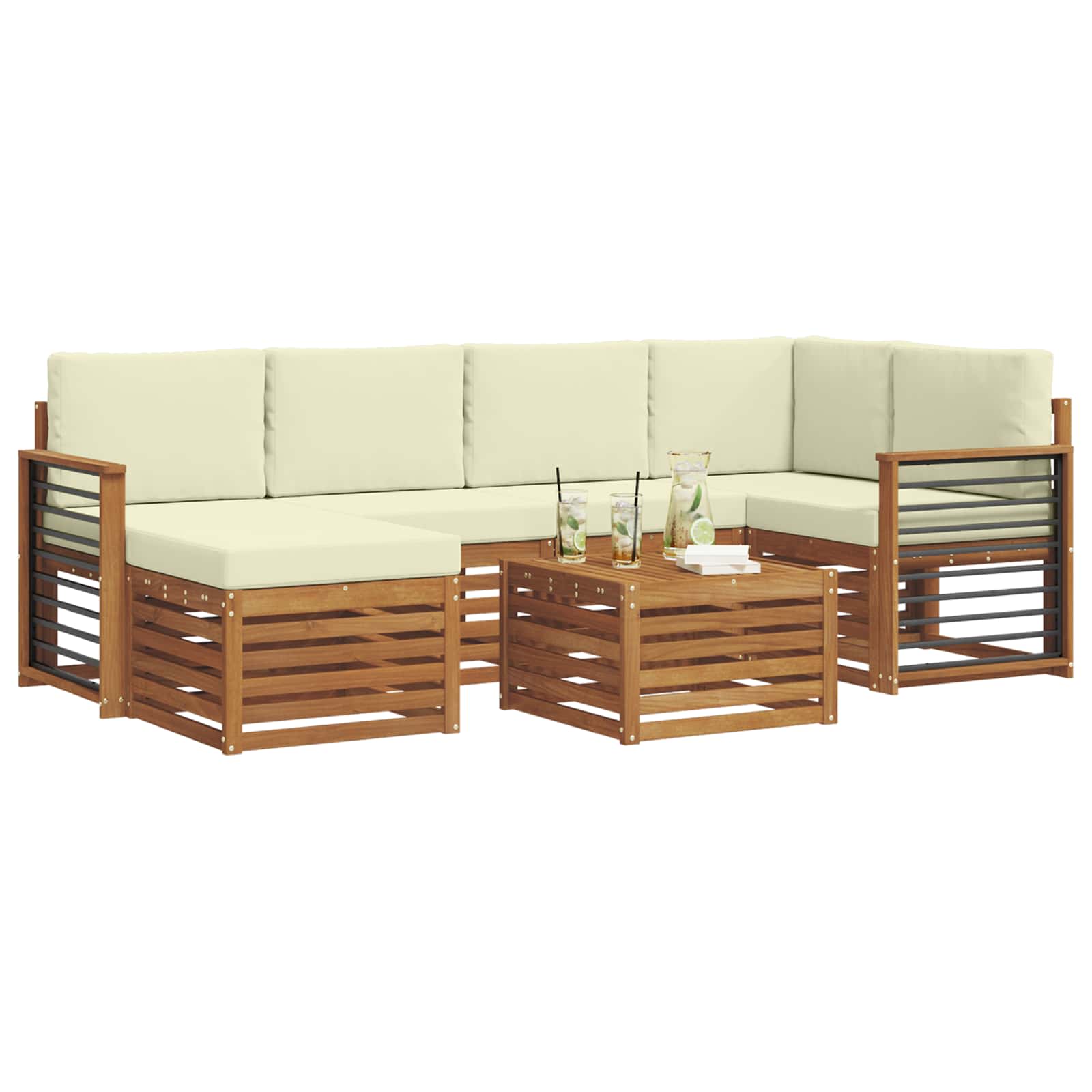 Ecksofa Set mit Kissen 7 pcs Natur und Creme Massivholz Akazie