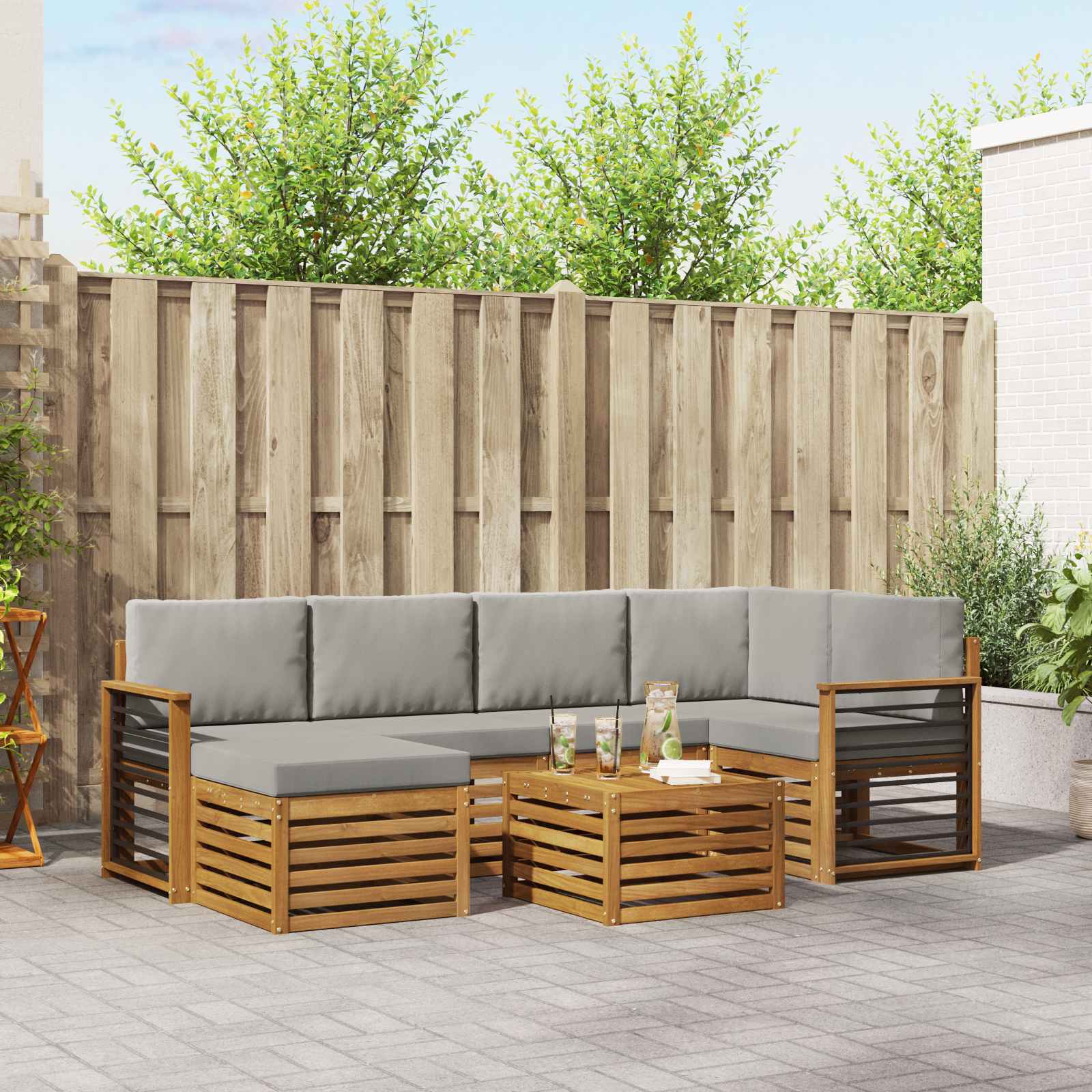 Ecksofa Set 7 pcs Natürlich und Hellgrau Massivholz Akazie
