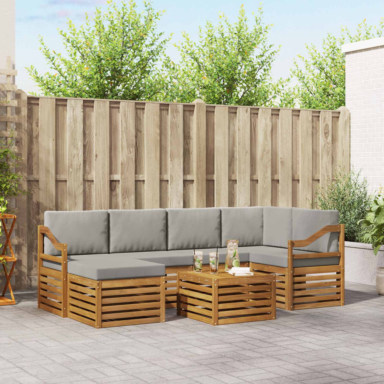 Ecksofa Set 7 pcs Natürlich und Hellgrau Massivholz Akazie