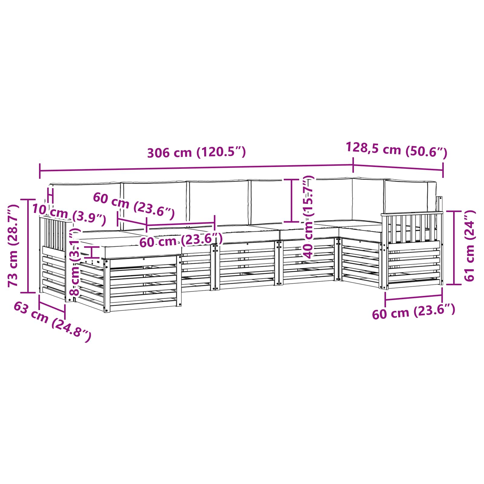 Ecksofa Set 7 pcs Natürlich und Hellgrau Massivholz Akazie