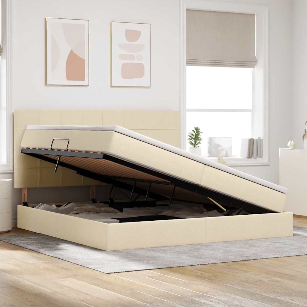 Aufbewahrungsbett mit Matratze Creme 200 x 200 cm Stoff