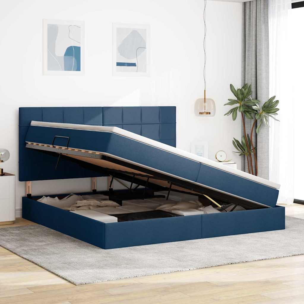 Aufbewahrungsbett mit Matratze Blau 200 x 200 cm Stoff
