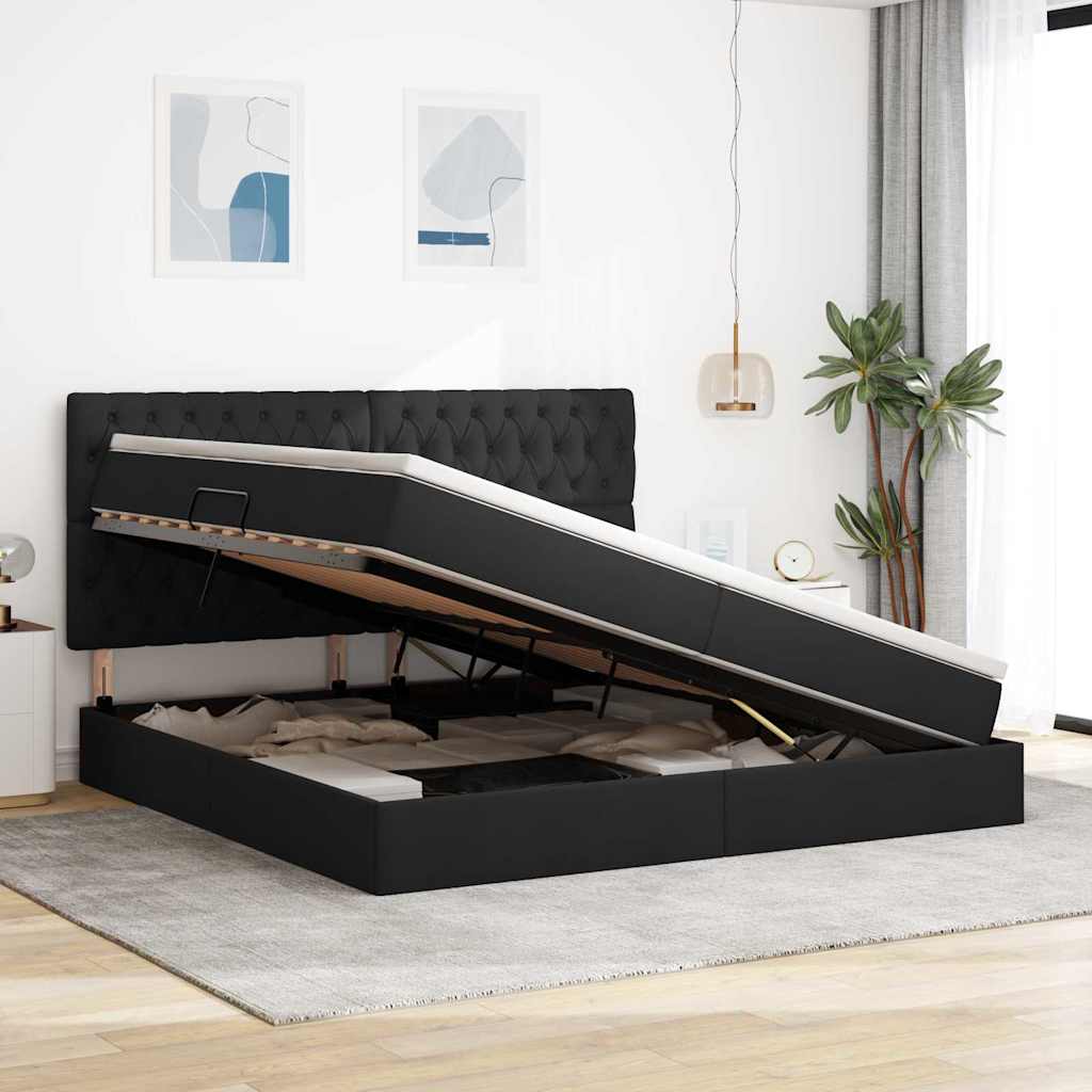 Aufbewahrungsbett mit Matratze Schwarz 200 x 200 cm Stoff