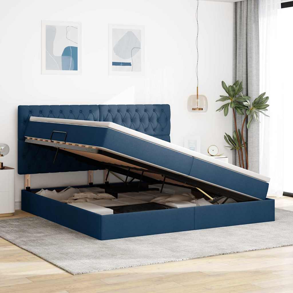 Aufbewahrungsbett mit Matratze Blau 200 x 200 cm Stoff
