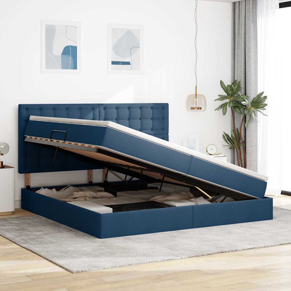 Aufbewahrungsbett mit Matratze Blau 200 x 200 cm Stoff