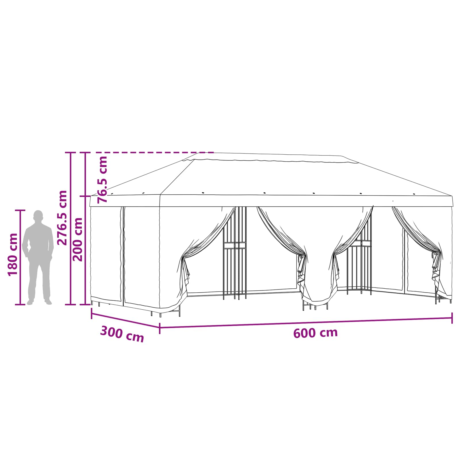 Pavillon mit Seitenwänden 6 x 3 m Braun Polyester und Stahl 190