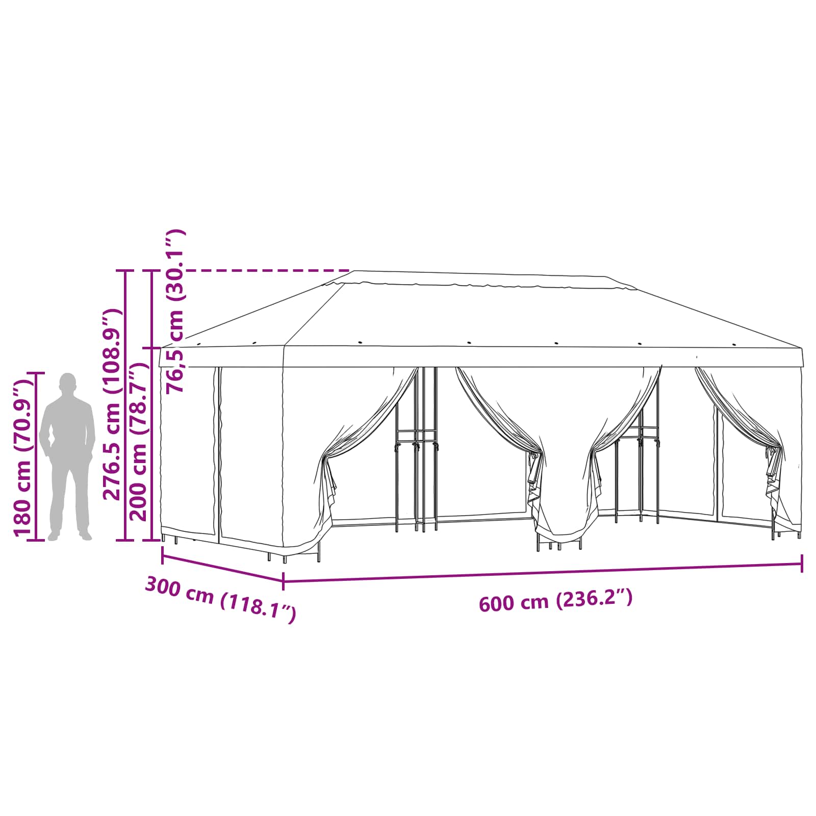 Pavillon mit Seitenwänden 6 x 3 m Creme Polyester und Stahl 190