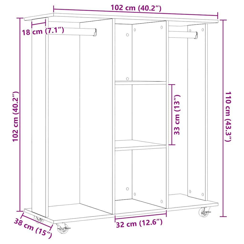Kleiderschrank mit Regal Schwarz Eichen-Optik 102 x 38 x 110 cm