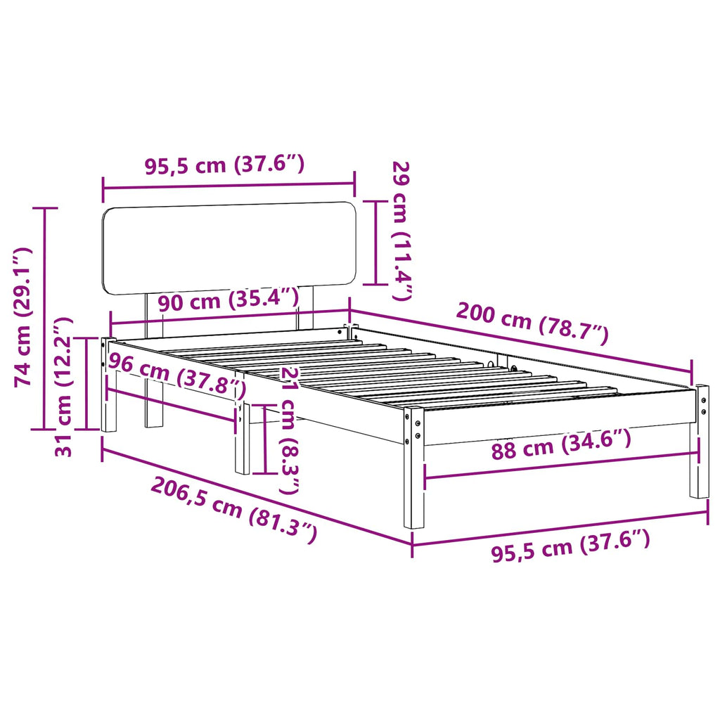 Bettrahmen Wachsbraun 90 x 200 cm Massives Kiefernholz