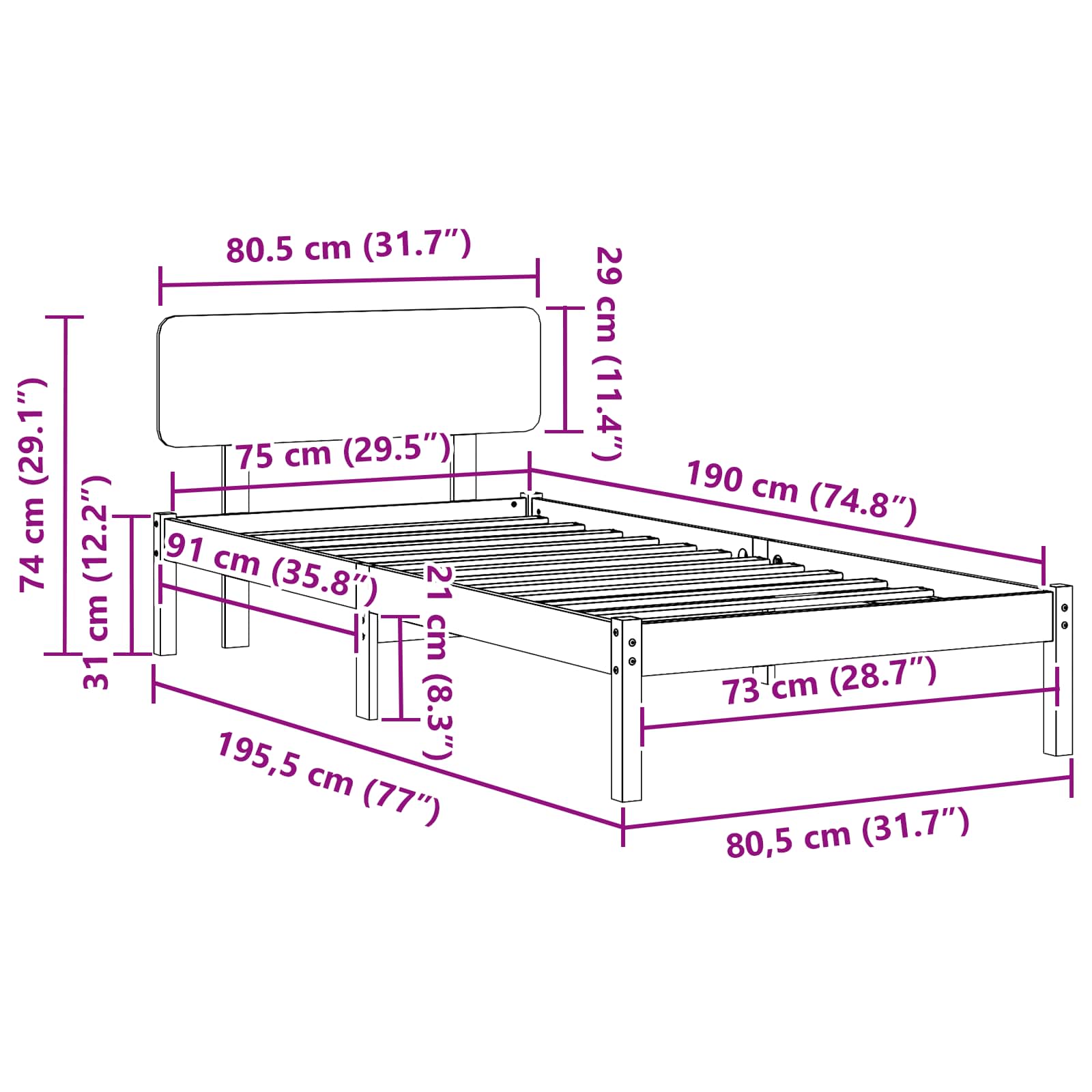 Bettrahmen Wachsbraun 75 x 190 cm Massives Kiefernholz