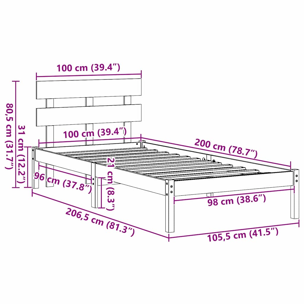 Bettgestell mit Kopfteil Braun 100 x 200 cm Massivholz Kiefer