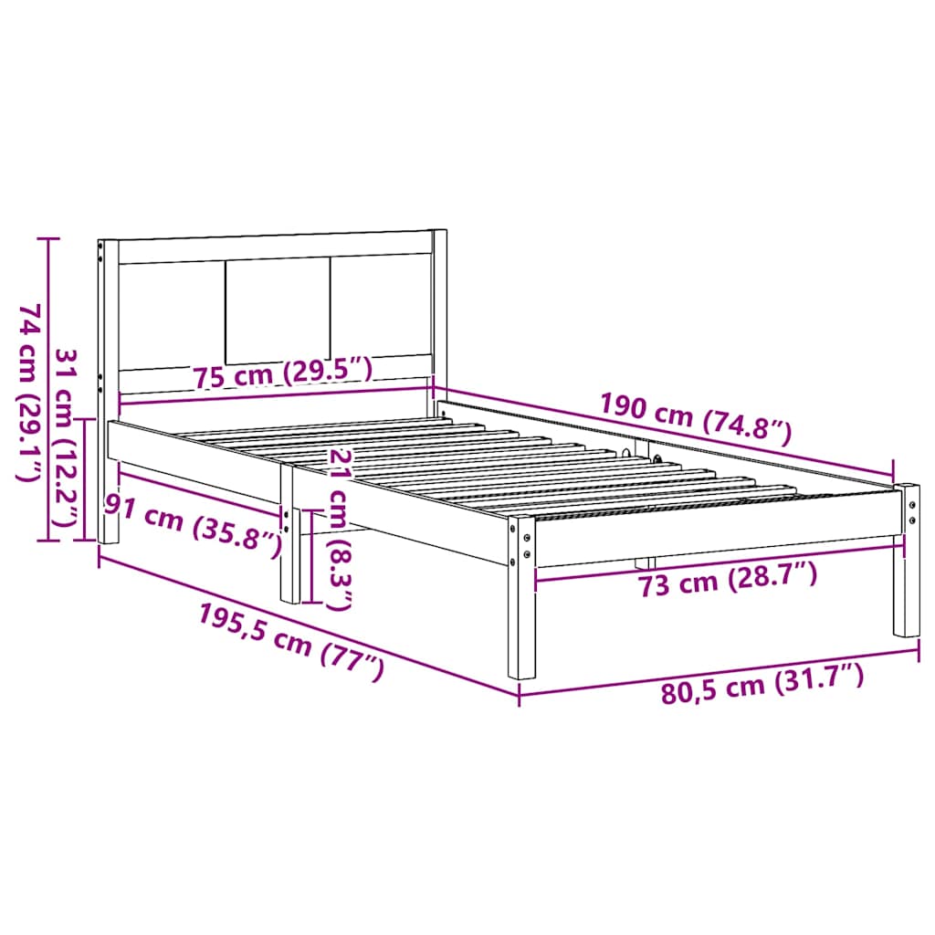 Bettgestell Weiß 75 x 190 cm Massivholz Kiefer
