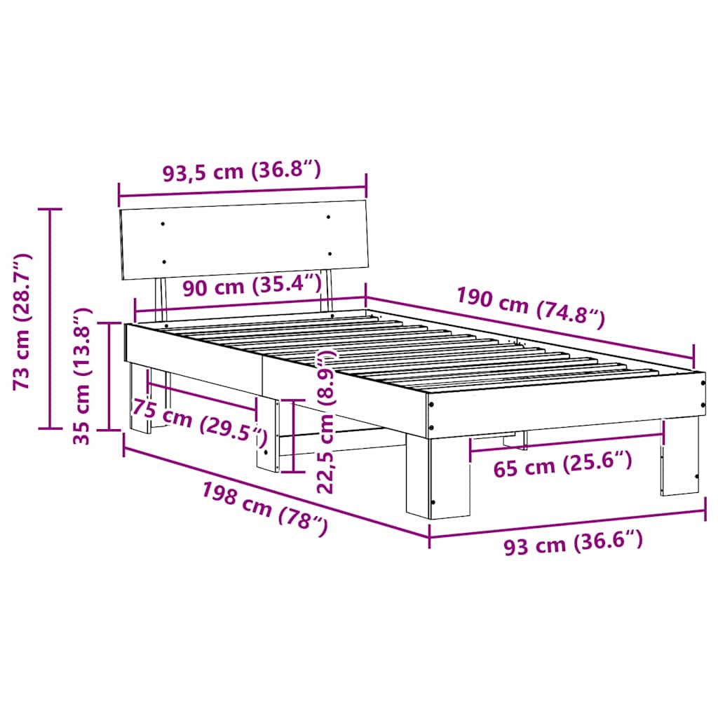 Bettrahmen Wachsbraun 90 x 190 cm Massives Kiefernholz