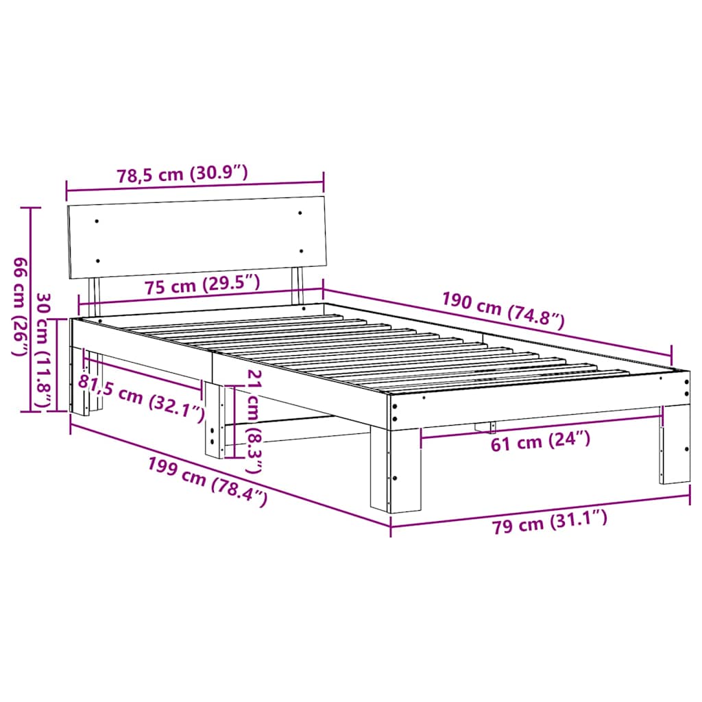Bettrahmen Wachsbraun 75 x 190 cm Massives Kiefernholz