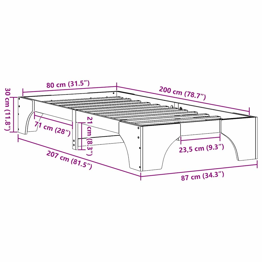 Bettrahmen Weiß 80 x 200 cm Massives Kiefernholz