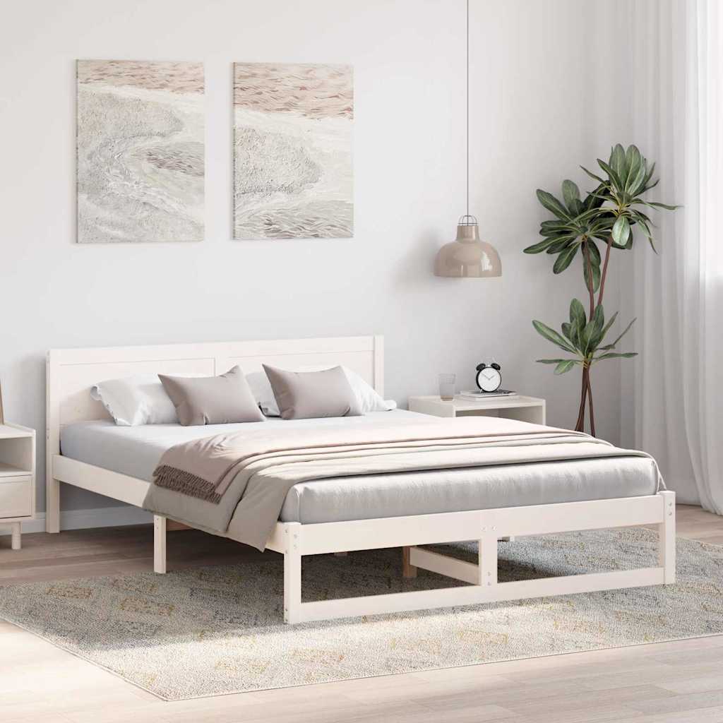 Bettrahmen mit Kopfteil Weiß 150 x 200 cm Massives Kiefernholz
