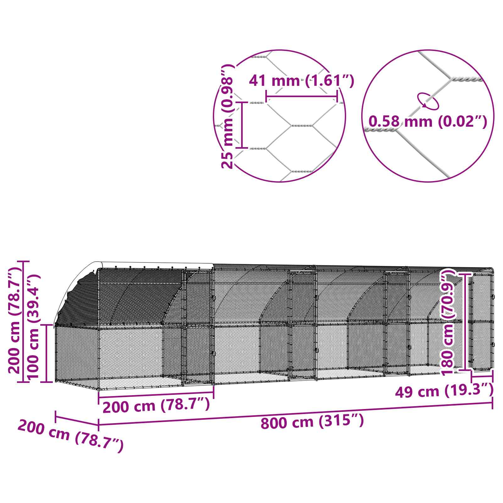 Hühnerkäfig 4 pcs Silber 800 x 200 x 200 cm Stahl und PE
