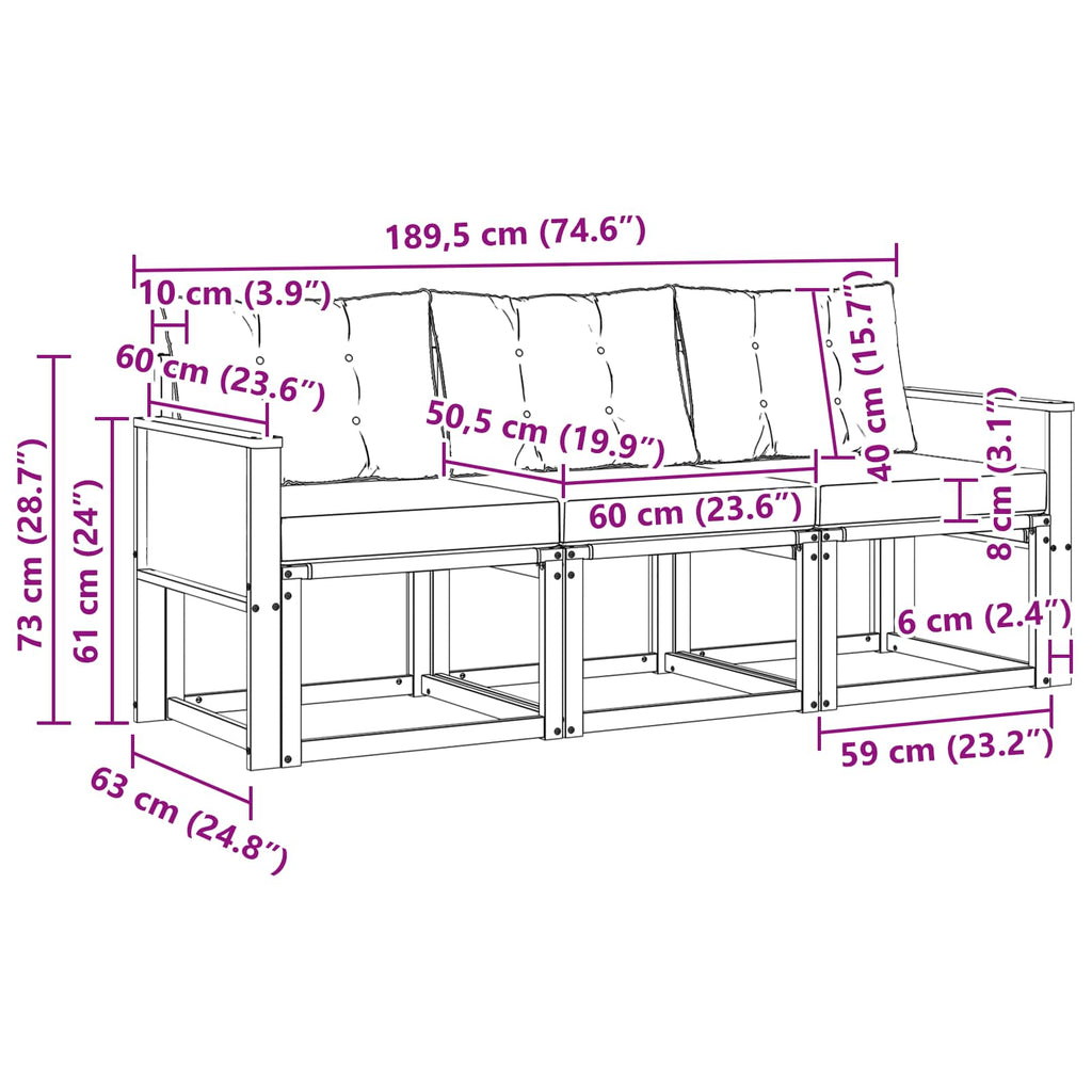 Outdoor-Sofagarnitur mit Kissen 3 pcs Natürlich und Schwarz