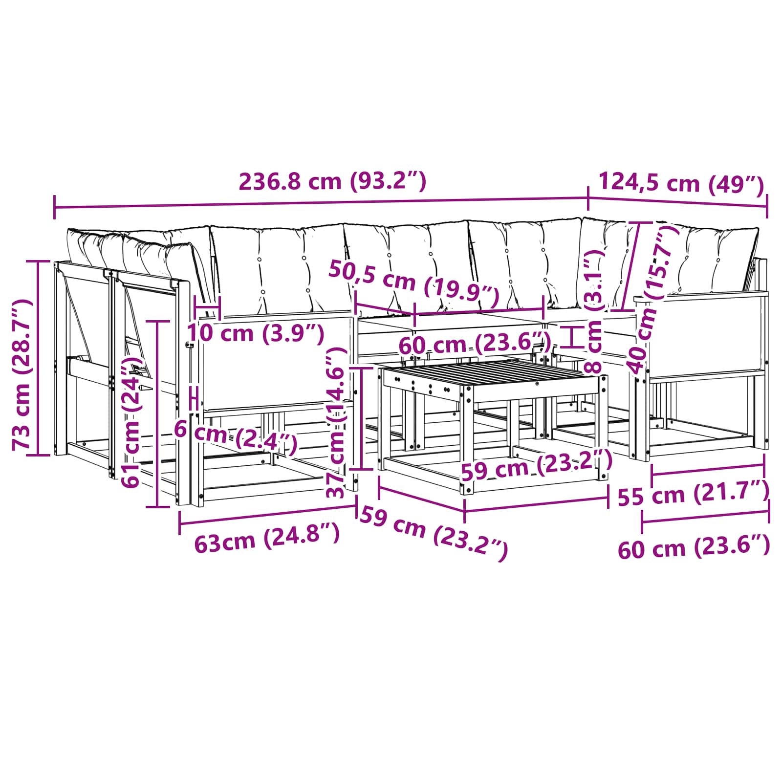 Outdoor-Sofagarnitur mit Kissen 7 pcs Natürlich und Hellgrau