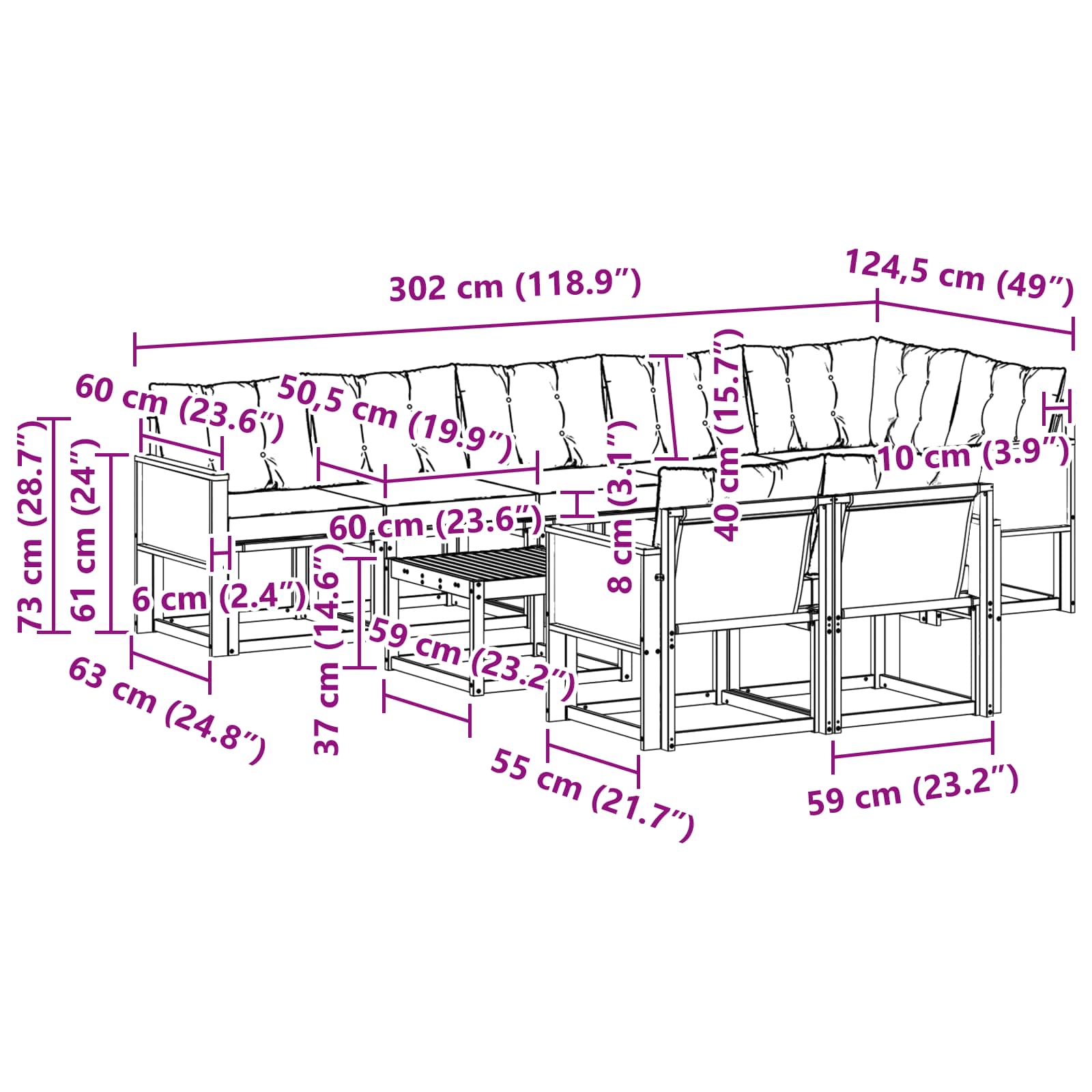 Outdoor-Sofagarnitur mit Kissen 9 pcs Natürlich und Schwarz
