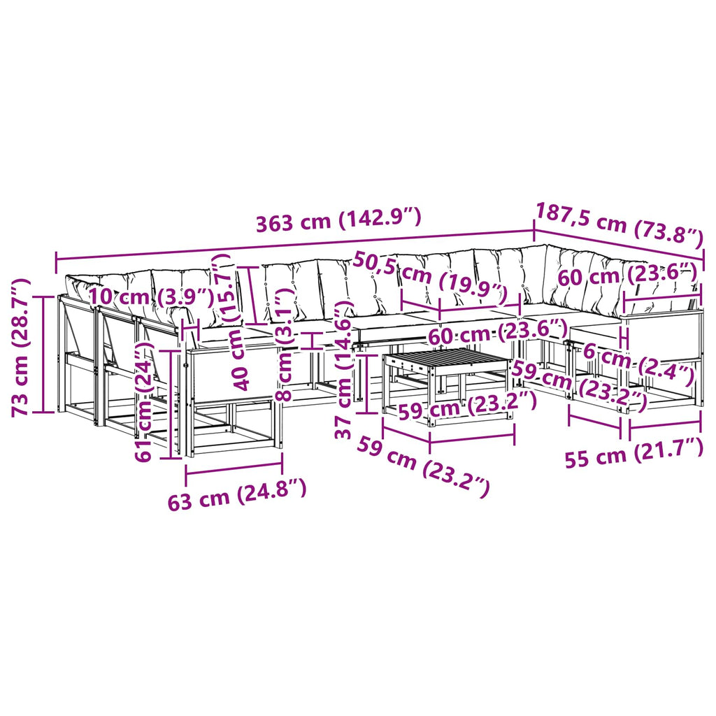 Outdoor-Sofagarnitur mit Kissen 11 pcs Natur und Hellgrau